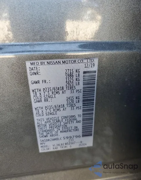 2020 Nissan Pathfinder S z USA, uszkodzony, nr VIN 5N1DR2AM8LC599796